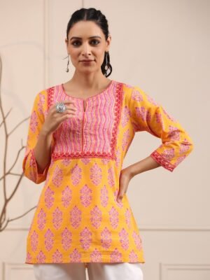 Women's Yellow Printed Cotton Short Kurti