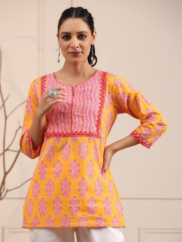 Women's Yellow Printed Cotton Short Kurti