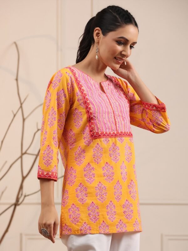 Women's Yellow Printed Cotton Short Kurti