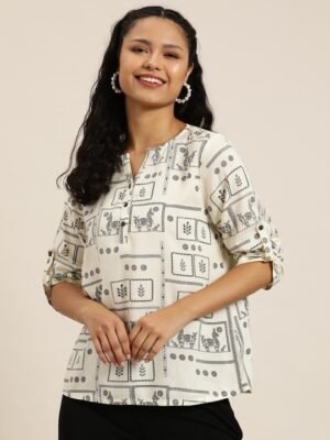 Women's White-Black Printed Short Kurti