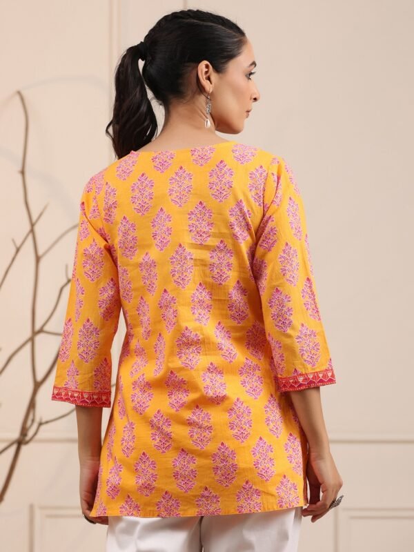 Women's Yellow Printed Cotton Short Kurti