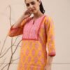 Women's Yellow Printed Cotton Short Kurti