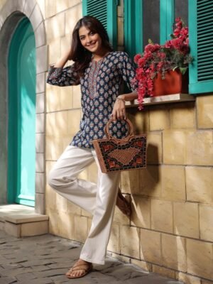 Women's Blue Printed Short Kurti