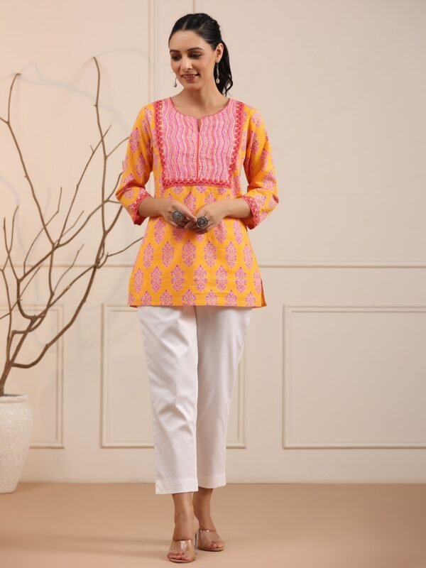 Women's Yellow Printed Cotton Short Kurti