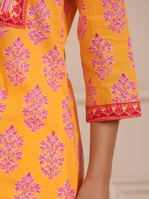 Women's Yellow Printed Cotton Short Kurti