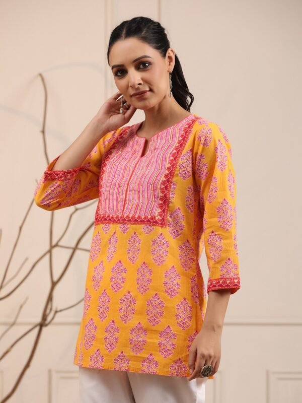 Women's Yellow Printed Cotton Short Kurti