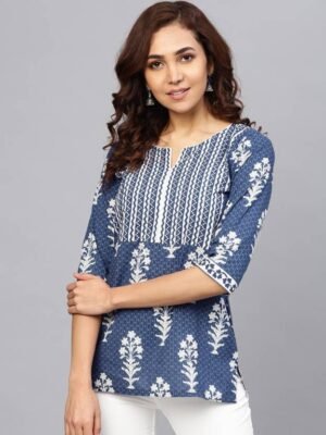 Women's Blue White Printed Short Kurti