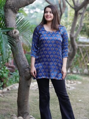 Women's Blue Printed Cotton Short Kurti