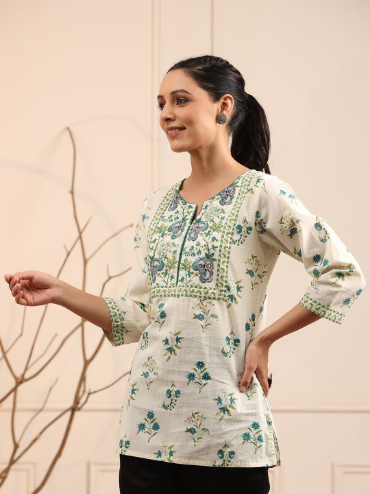 Women's White Green Printed Short Kurti