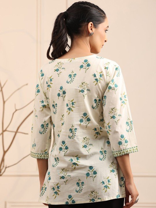 Women's White Green Printed Short Kurti