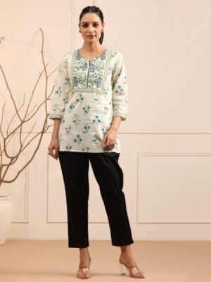 Women's White Green Printed Short Kurti