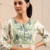 Women's White Green Printed Short Kurti