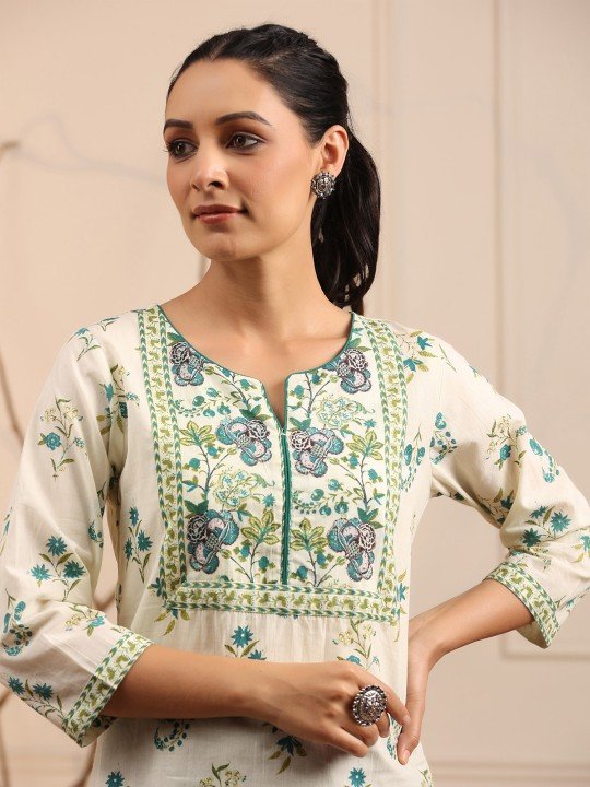 Women's White Green Printed Short Kurti