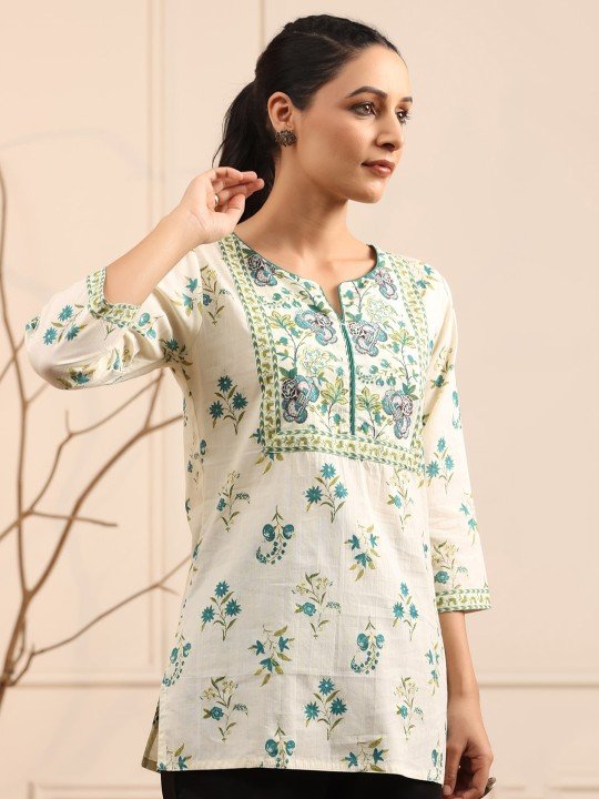 Women's White Green Printed Short Kurti
